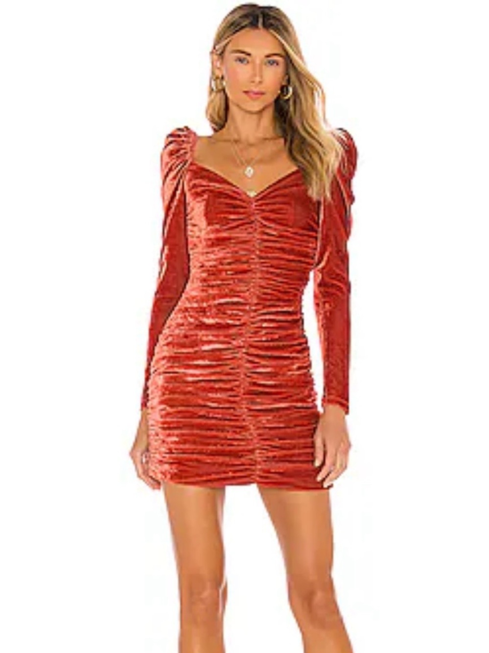 MINKPINK Red Velvet Ruched Long-Sleeve Mini Dress